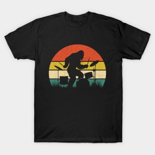 Bigfoot Sasquatch Playing the Drums Vintage Sunset Music Lover T-Shirt